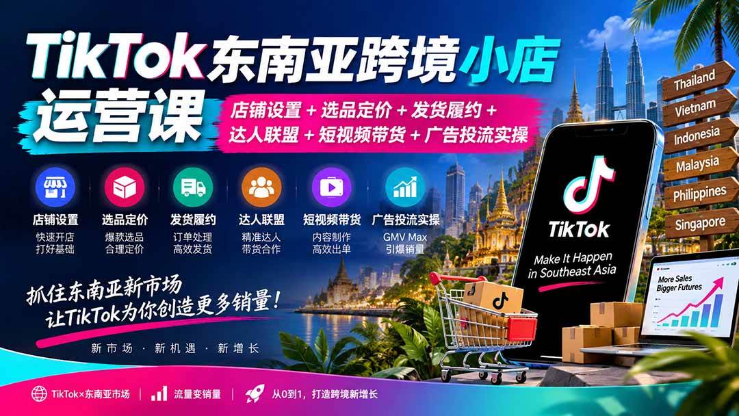 （20483期）TikTok东南亚跨境小店运营课：店铺设置+选品定价+发货履约+达人联盟+短视频带货+广告投流实操-多课资源站
