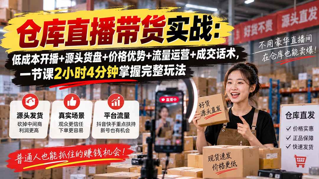（20471期）仓库直播带货实战：低成本开播+源头货盘+价格优势+流量运营+成交话术，一节课2小时4分钟掌握完整玩法-网创百晓生