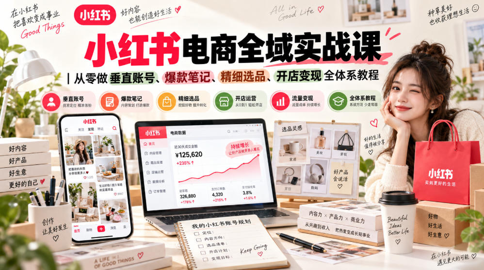 小红书电商全域实战课｜从零做垂直账号、爆款笔记、精细选品、开店变现全体系教程-多课资源站