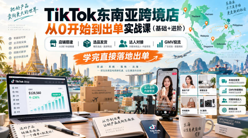 TikTok东南亚跨境店从0开始到出单实战课（基础+进阶），店铺搭建、选品发货、达人对接、GMV投流，学完直接落地出单-网创百晓生