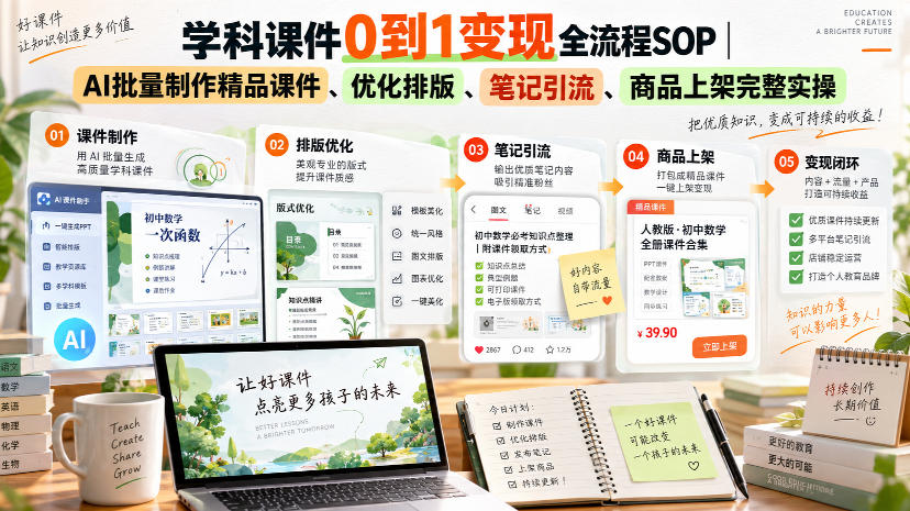 学科课件0到1变现全流程SOP｜AI批量制作精品课件、优化排版、笔记引流、商品上架完整实操-多课资源站