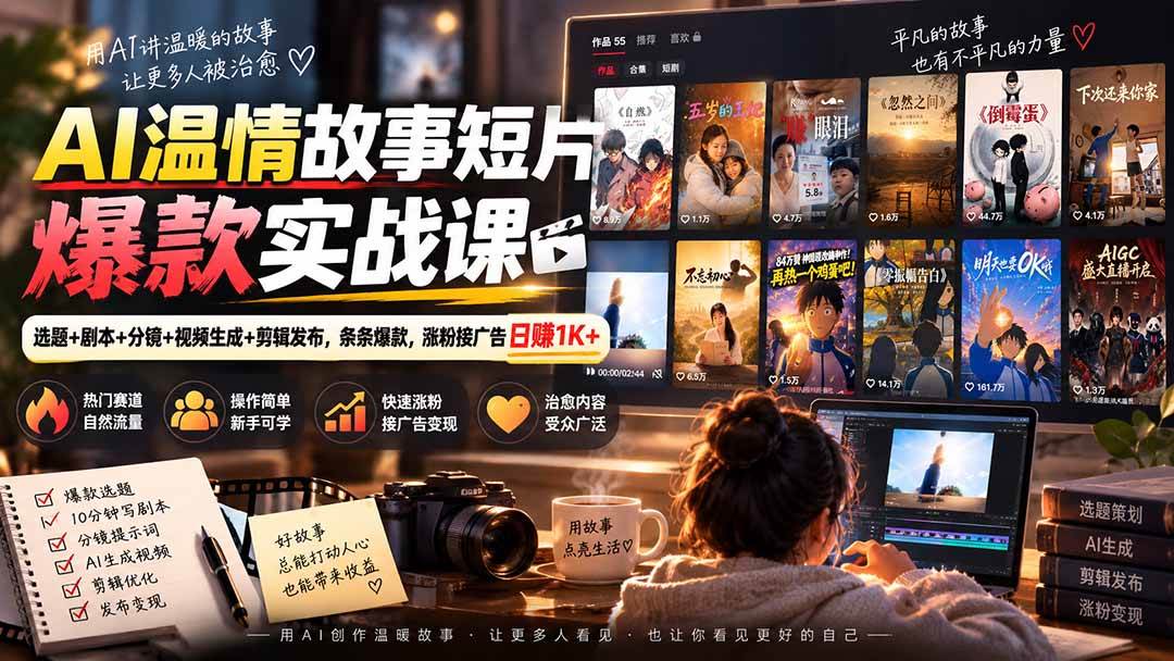 （20477期）AI温情故事短片爆款实战课-更新｜选题+剧本+分镜+视频生成+剪辑发布，条条爆款，涨粉接广告日赚1K+-网创百晓生