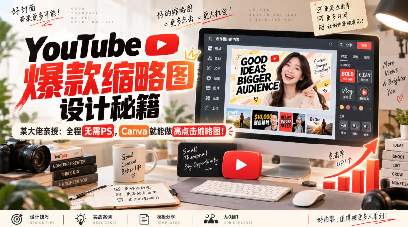 YouTube爆款缩略图设计秘籍，某油管大佬（610万订阅者）亲授，全程无需PS，Canva就能做高点击缩略图！【原创双语字幕】-邪修侠 - 演示