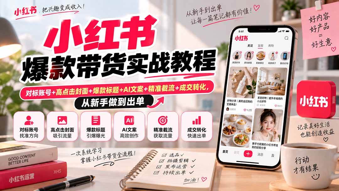 （20473期）小红书爆款带货实战教程｜对标账号+高点击封面+爆款标题+AI文案+精准截流+成交转化，从新手做到出单-网创百晓生