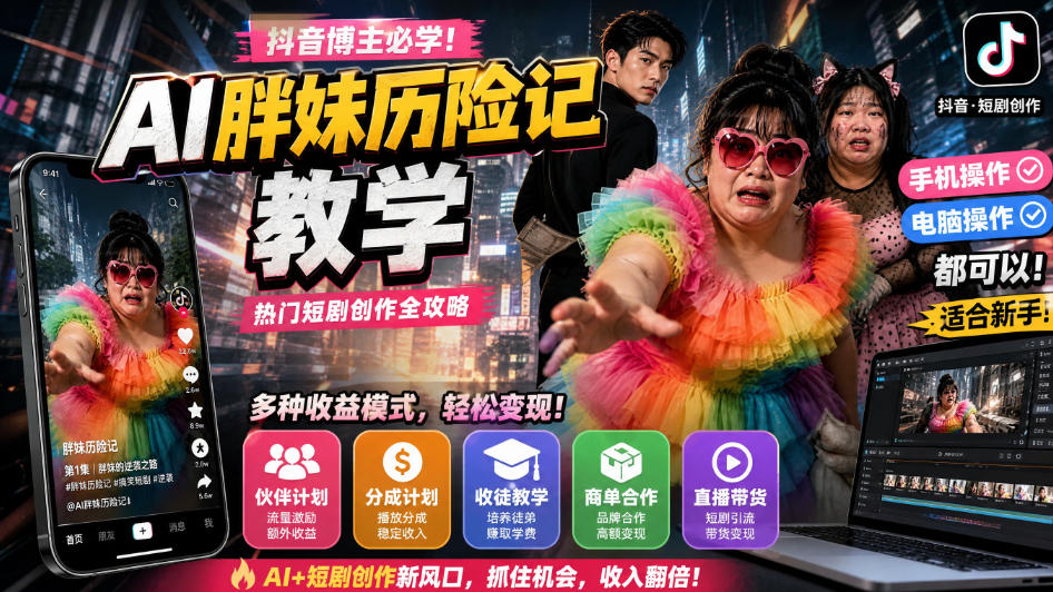 抖音博主的AI胖妹历险记教学，伙伴计划+分成计划+收徒+商单等多种收益，适合新手，手机电脑都可以操作-怪兽网创俱乐部