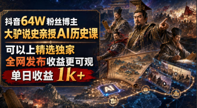 抖音64W粉丝博主大驴说史亲授AI历史课，可以上精选独家，全网发布收益更可观，单日收益1k+（更新）-多课资源站