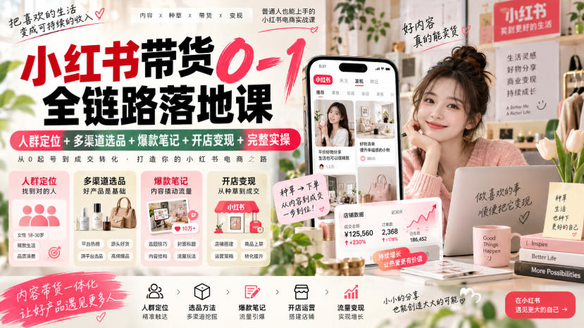 小红书带货0-1全链路落地课|人群定位+多渠道选品+爆款笔记+开店变现完整实操-网创百晓生