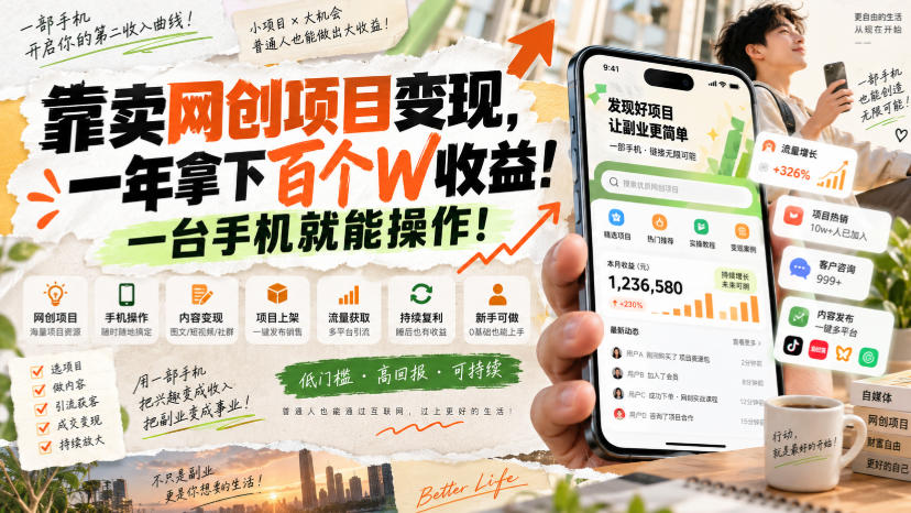 靠卖网创项目变现，一年拿下百个W收益！一台手机就能操作！【揭秘】-多课资源站