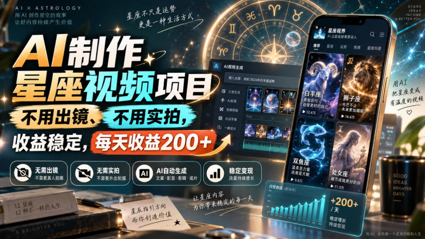 AI制作星座视频项目，不用出镜、不用实拍，收益稳定，每天收益200+-网创百晓生
