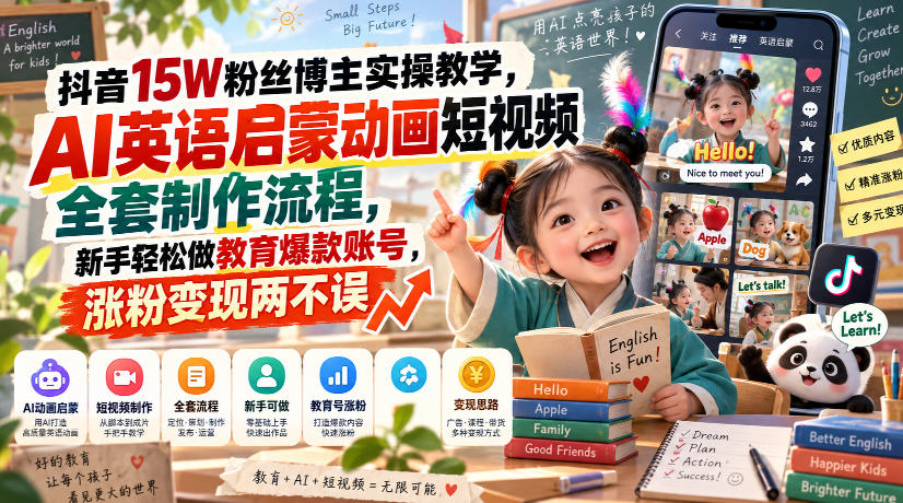 抖音15W粉丝博主实操教学，AI英语启蒙动画短视频全套制作流程，新手轻松做教育爆款账号，涨粉变现两不误-多课资源站