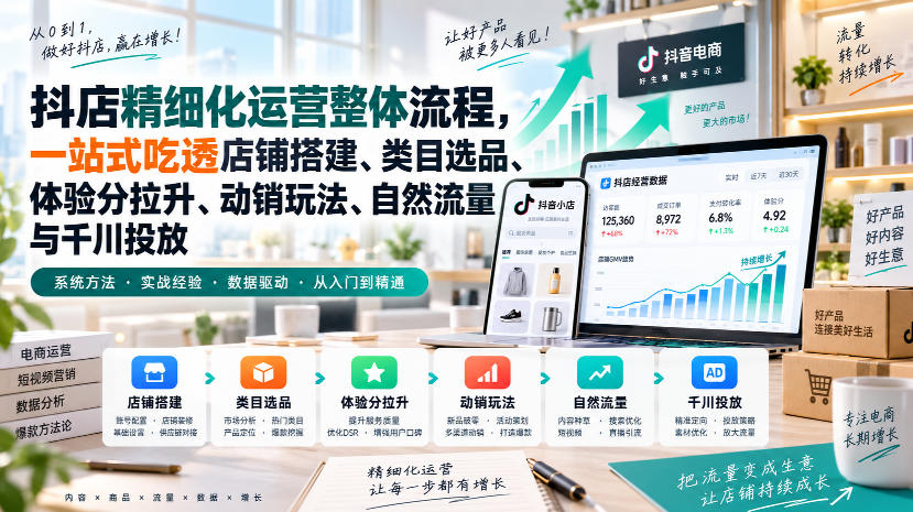 李哥电商-抖店精细化运营整体流程,一站式吃透店铺搭建、类目选品、体验分拉升、动销玩法、自然流量与千川投放-邪修侠 - 演示