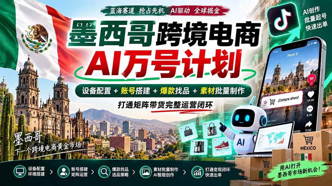 （20500期）墨西哥AI跨境电商万号计划｜设备配置+账号搭建+爆款找品+素材批量制作，打通矩阵带货完整运营闭环-多课资源站