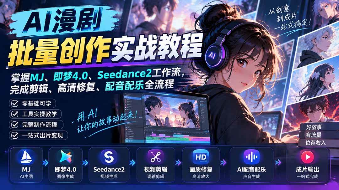 （20488期）AI漫剧批量创作实战教程：掌握MJ、即梦4.0、Seedance2工作流，完成剪辑、高清修复、配音配乐全流程-邪修侠 - 演示