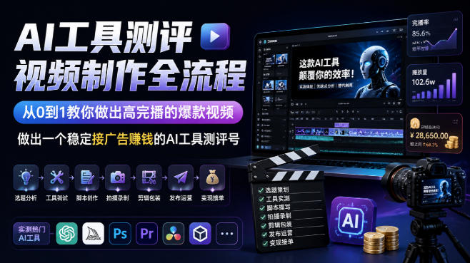 AI工具测评视频制作全流程，从0到1教你做出高完播的爆款视频，做出一个稳定接广告賺钱的AI工具测评号-多课资源站