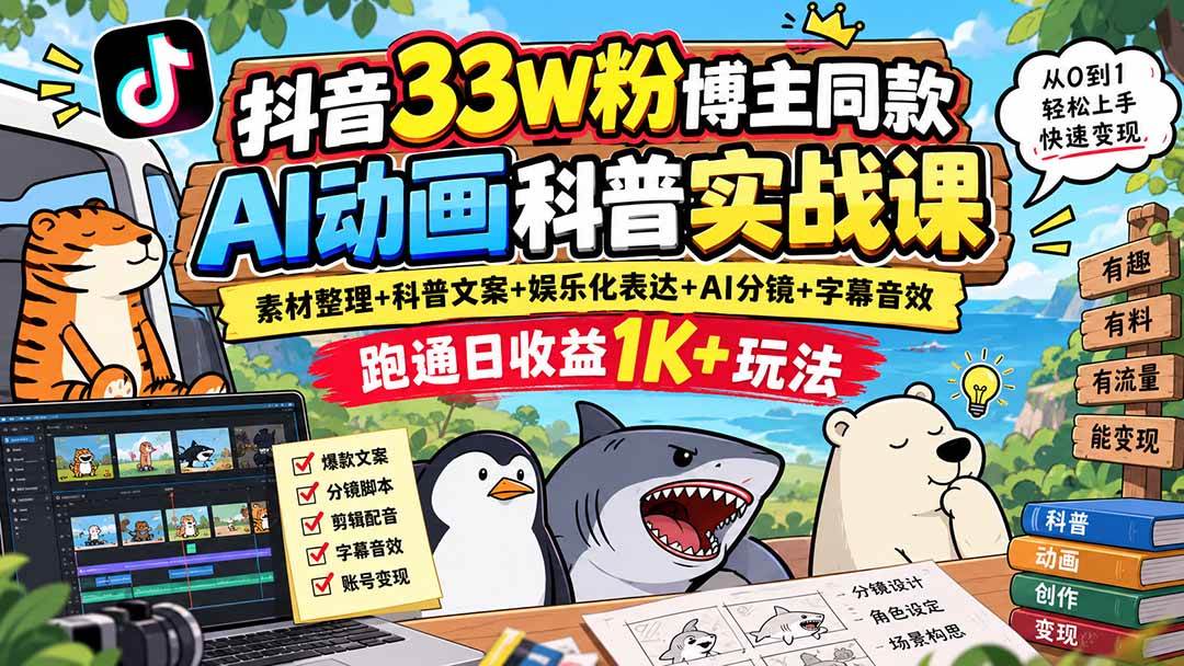（20510期）抖音33W粉博主同款AI动画科普实战课｜素材整理+科普文案+娱乐化表达+AI分镜+字幕音效，跑通日收益1K+玩法