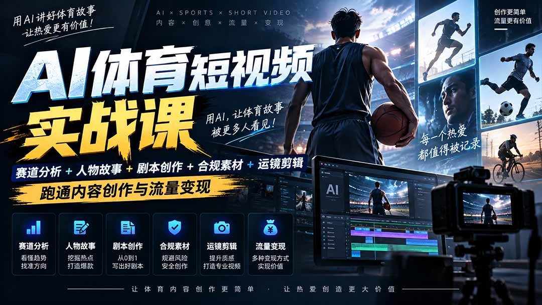 （20515期）AI体育短视频赛道顶级玩法｜赛道分析+人物故事+剧本创作+版权处理+运镜剪辑，跑通流量变现-日赚1K+-网创百晓生