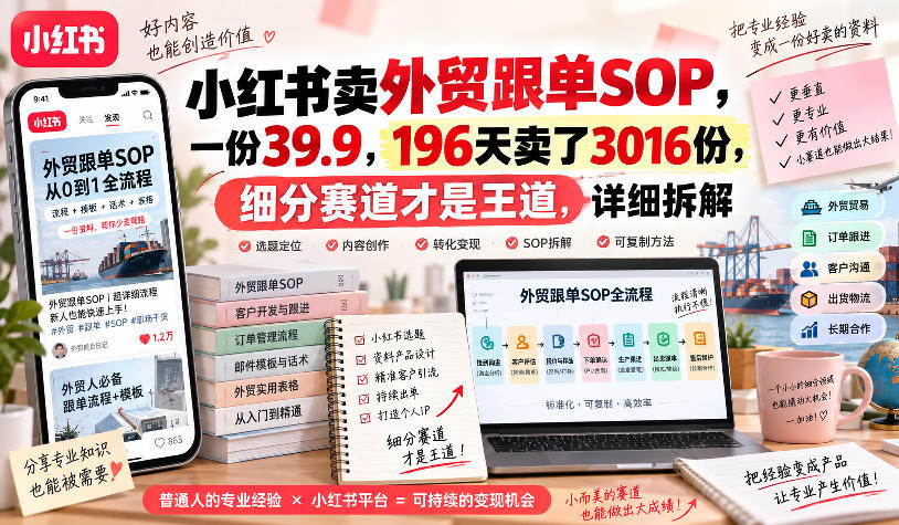 小红书卖外贸跟单sop，一份39.9，196天卖了3016份，细分赛道才是王道，详细拆解-网创百晓生