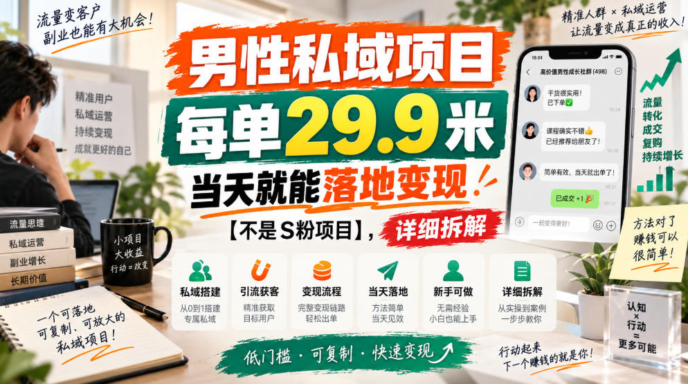 男性私域项目，每单29.9米，当天就能落地变现【不是S粉项目】，详细拆解-网创百晓生