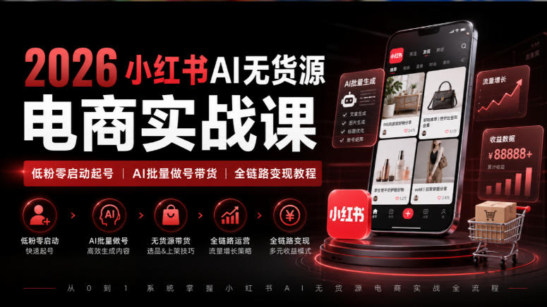 2026小红书AI无货源电商实战课｜低粉零启动起号｜AI批量做号带货全链路变现教程-怪兽网创俱乐部