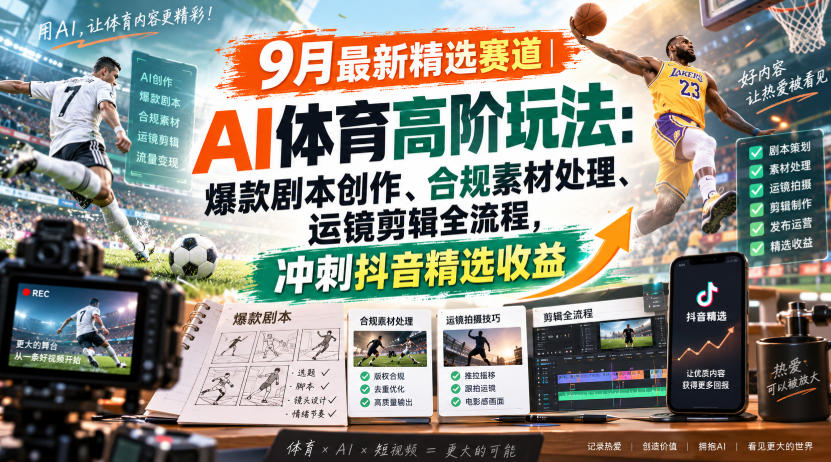某大佬的9月最新精选赛道之AI体育顶级玩法，爆款剧本创作、版权规避、运镜剪辑全流程，稳拿抖音精选收益-邪修侠 - 演示