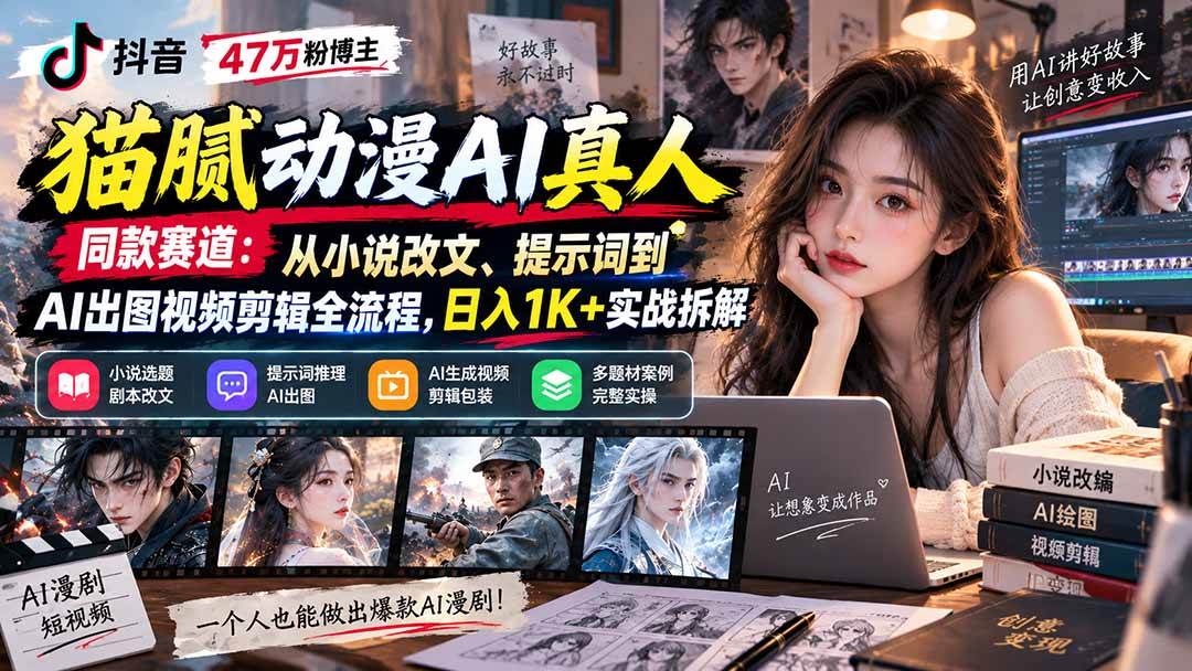 （20524期）抖音47万粉博主猫腻动漫AI真人同款赛道：从小说改文、提示词到AI出图视频剪辑全流程，日入1K+实战拆解-邪修侠 - 演示