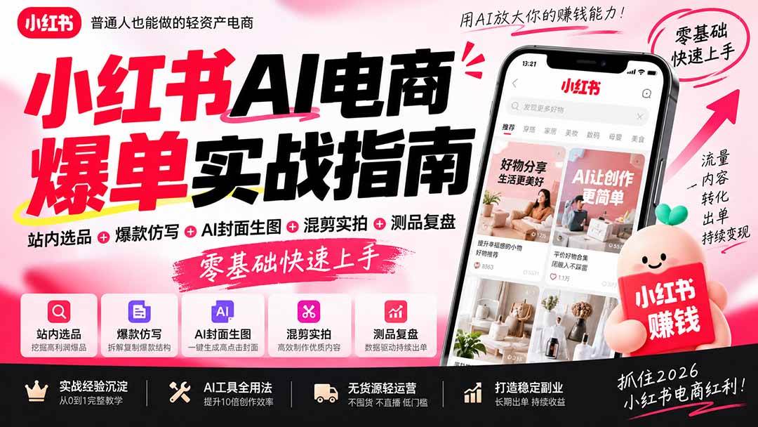 （20516期）2026小红书AI电商爆单实战指南：站内选品+爆款仿写+AI封面生图+混剪实拍+测品复盘，零基础快速上手-网创百晓生
