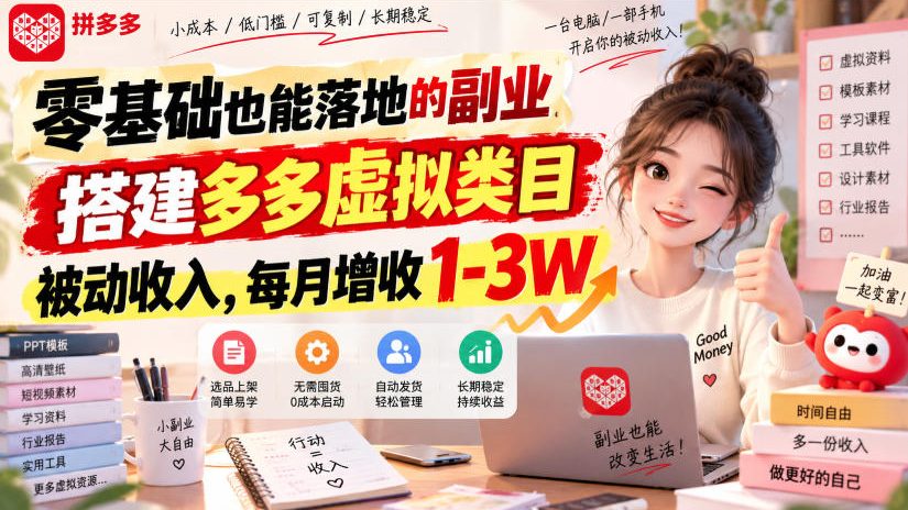 零基础也能落地的副业，搭建多多虚拟类目被动收入，每月增收1-3W【揭秘】-多课资源站