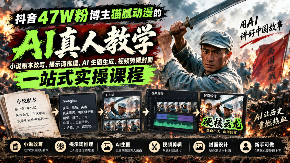 抖音47W粉博主猫腻动漫的AI真人漫剧教学,小说剧本改写、提示词推理、AI生图生成、视频剪辑封面一站式实操课程-邪修侠 - 演示