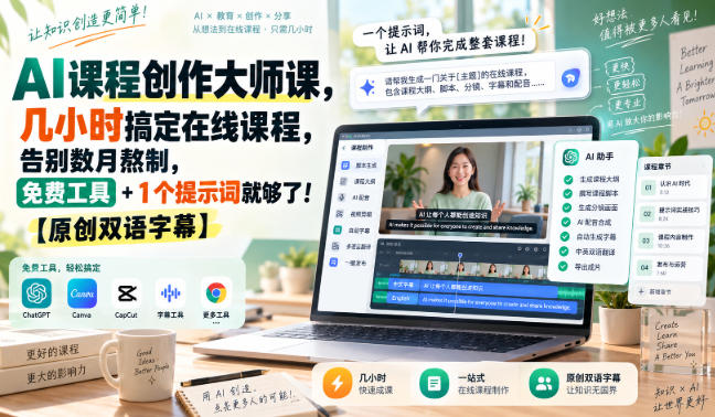 AI课程创作大师课，几小时搞定在线课程，告别数月熬制，免费工具+1个提示词就够了！【原创双语字幕】-多课资源站