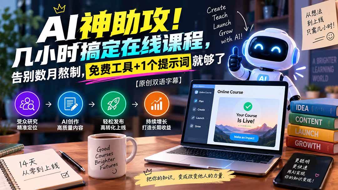 （20528期）AI神助攻！几小时搞定在线课程，告别数月熬制，免费工具+1个提示词就够了【原创双语字幕】-网创百晓生