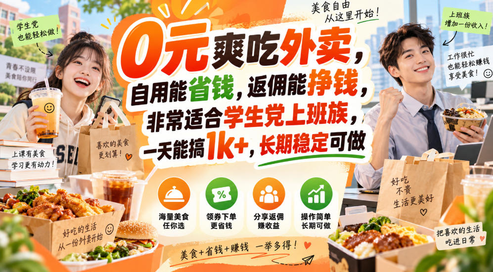 0元爽吃外卖,自用能省钱,返佣能挣钱,非常适合学生党上班族,一天能搞1k+,长期稳定可做-网创百晓生
