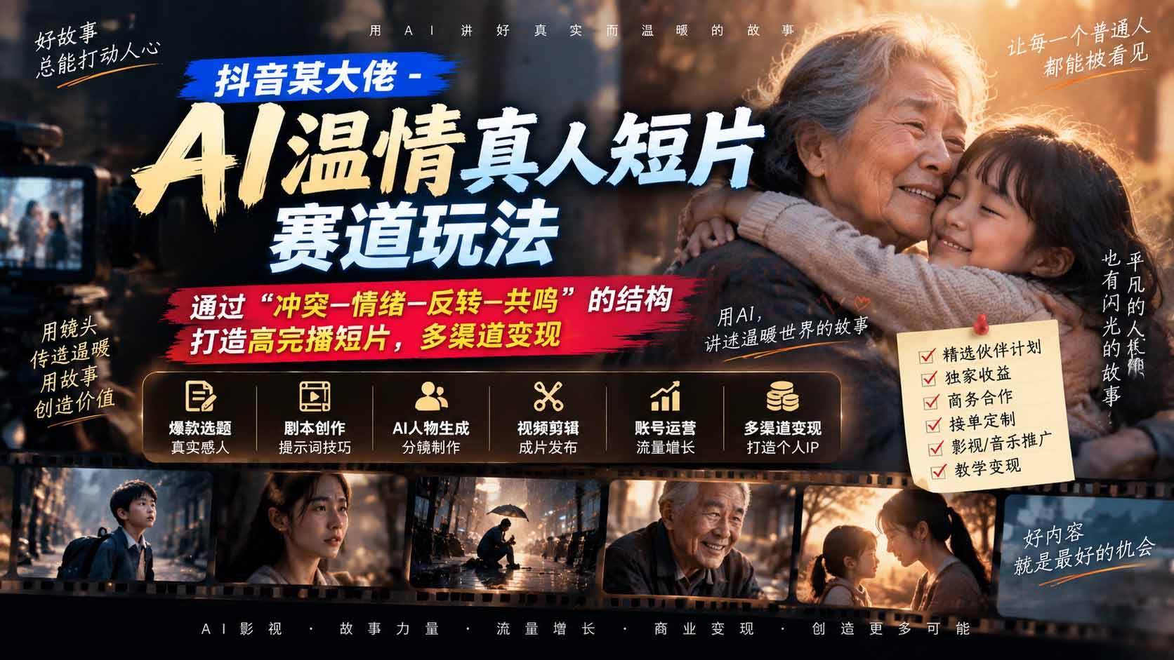 （20538期）抖音某大佬-AI温情真人短片赛道玩法：通过“冲突—情绪—反转—共鸣”的结构打造高完播短片，多渠道变现-多课资源站