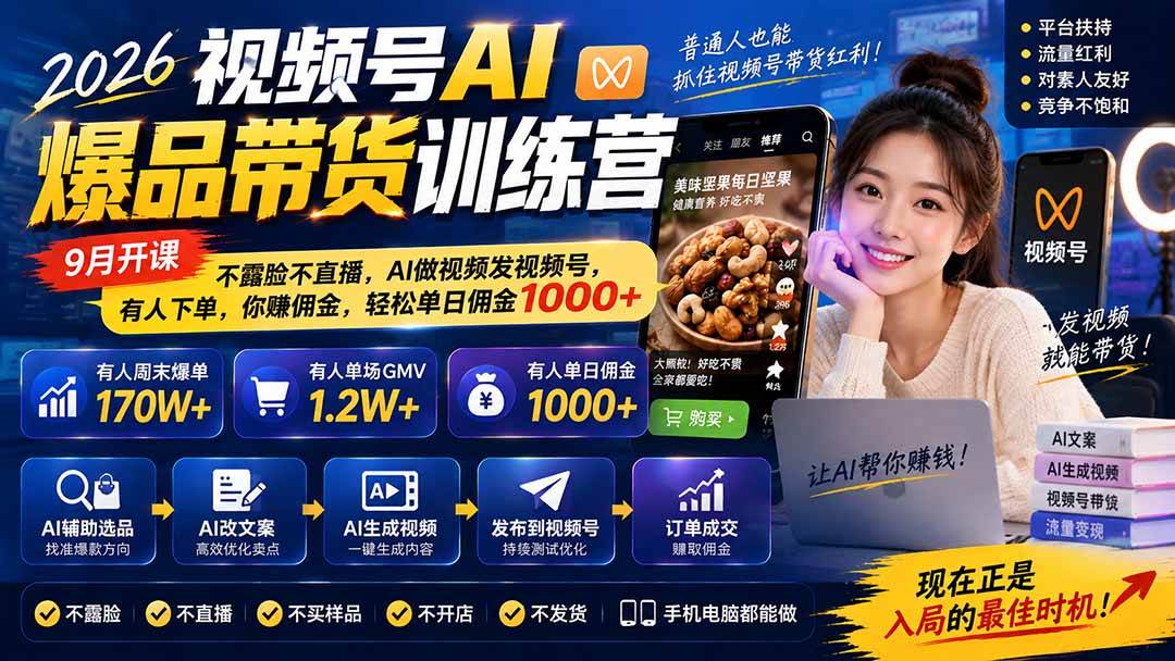 （20537期）2026视频号AI爆品带货训练营-9月开课｜不露脸不直播，AI做视频发视频号，有人下单，你赚佣金，轻松单日佣金1000+-多课资源站