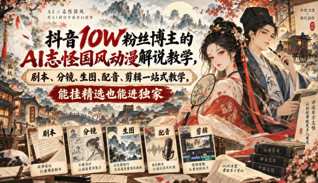 抖音10W粉丝博主的AI志怪国风动漫解说教学，剧本、分镜、生图、配音、剪辑一站式教学，能挂精选也能进独家-怪兽网创俱乐部