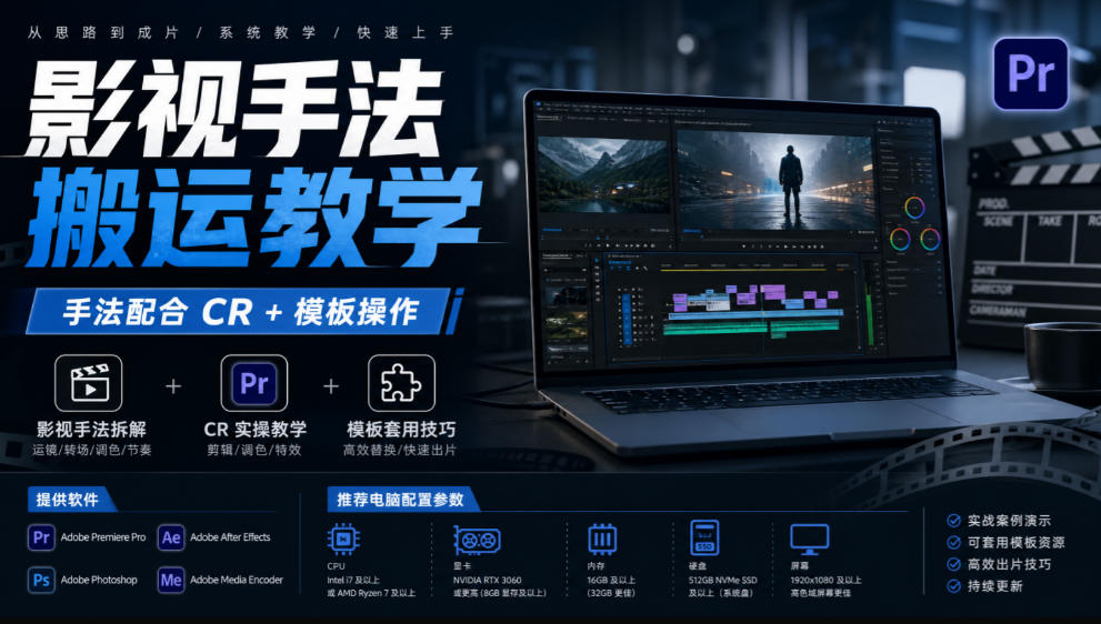 影视手法搬运教学,手法配合CR+模板操作,需要电脑,提供软件+配置参数-网创百晓生
