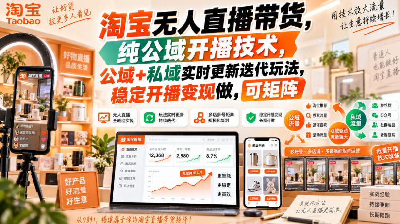 淘宝无人直播带货，纯公域开播技术，公域+私域实时更新迭代玩法，稳定开播变现做，可矩阵【揭秘】-邪修侠 - 演示