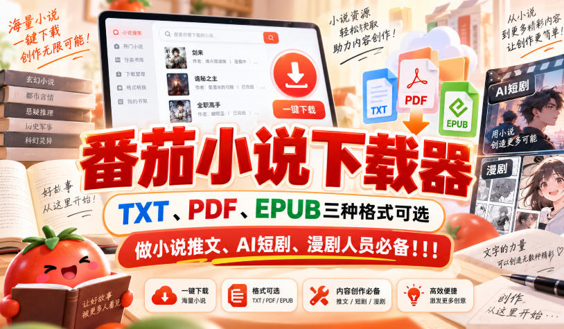 番茄小说下载器，TXT、PDF、EPUB三种格式可选，做小说推文、AI短剧、漫剧人员必备！！！-多课资源站