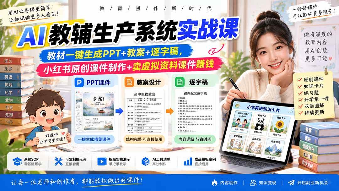 （20542期）AI教辅生产系统实战课｜教材一键生成PPT+教案+逐字稿，小红书原创课件制作+卖虚拟资料课件赚钱-多课资源站