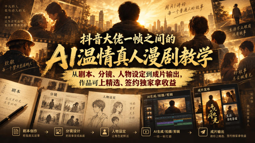 抖音大佬一帧之间的AI温情真人漫剧教学，从剧本、分镜、人物设定到成片输出，作品可上精选、签约独家拿收益-网创百晓生