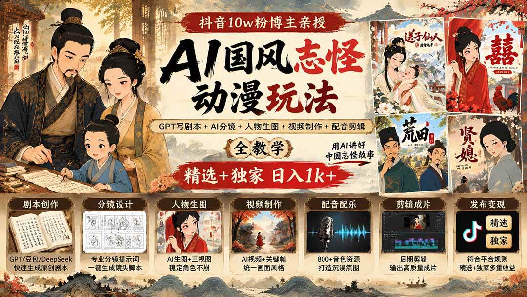（20538期）抖音10w粉博主亲授AI国风志怪动漫玩法｜GPT写剧本+AI分镜+人物生图+视频制作+配音剪辑全教学｜精选+独家日入1k+-网创百晓生