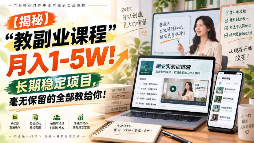 【揭秘】“教副业课程”月入1-5W！长期稳定项目，毫无保留的全部教给你！-多课资源站