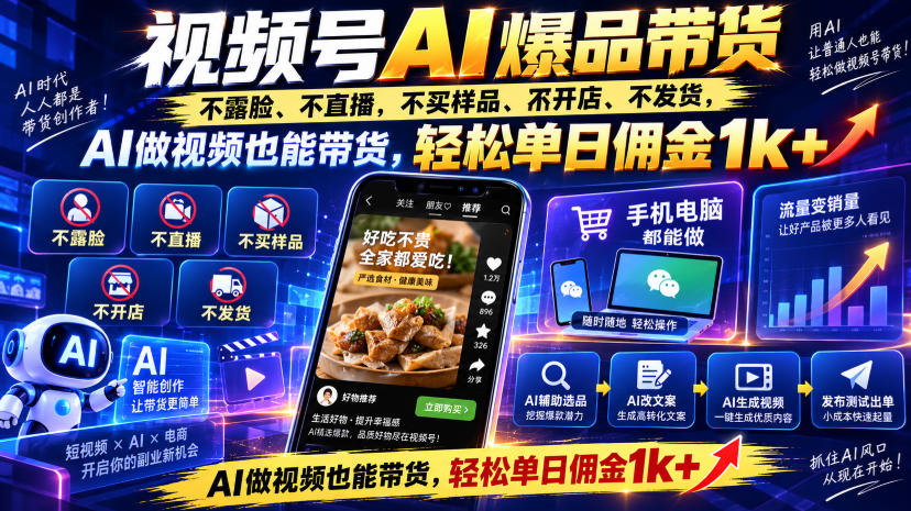 视频号Ai爆品带货，不露脸、不直播、不买样品、不开店、不发货，AI做视频也能带货，轻松单日佣金1k+-邪修侠 - 演示
