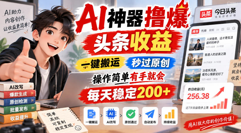 AI神器撸爆头条收益，一键搬运，秒过原创，操作简单有手就会，每天稳定200+【揭秘】-怪兽网创俱乐部