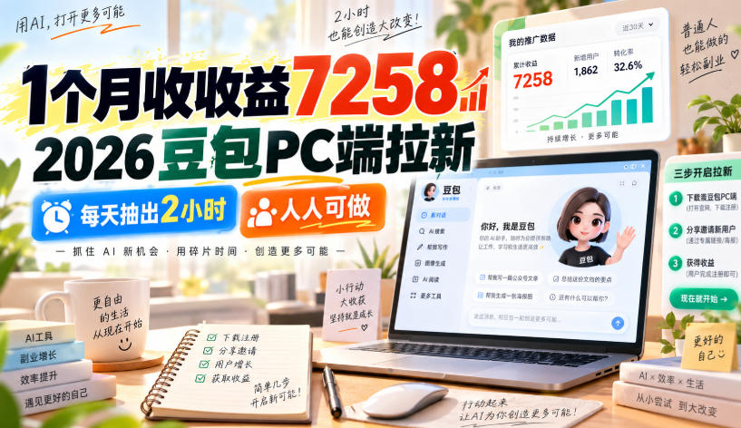 1个月收收益7258，2026豆包PC端拉新，每天抽出2小时，人人可做-邪修侠 - 演示