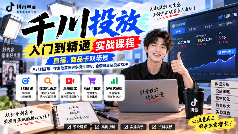 千川投放入门到精通实战课程，直播、商品卡双场景，从计划搭建、搜索抢首屏到多模式追投，全套可复制投放SOP-邪修侠 - 演示