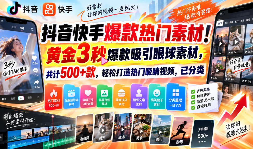 抖音快手爆款热门素材!黄金3秒爆款吸引眼球素材,共计500+款,轻松打造热门吸睛视频,已分类-邪修侠 - 演示
