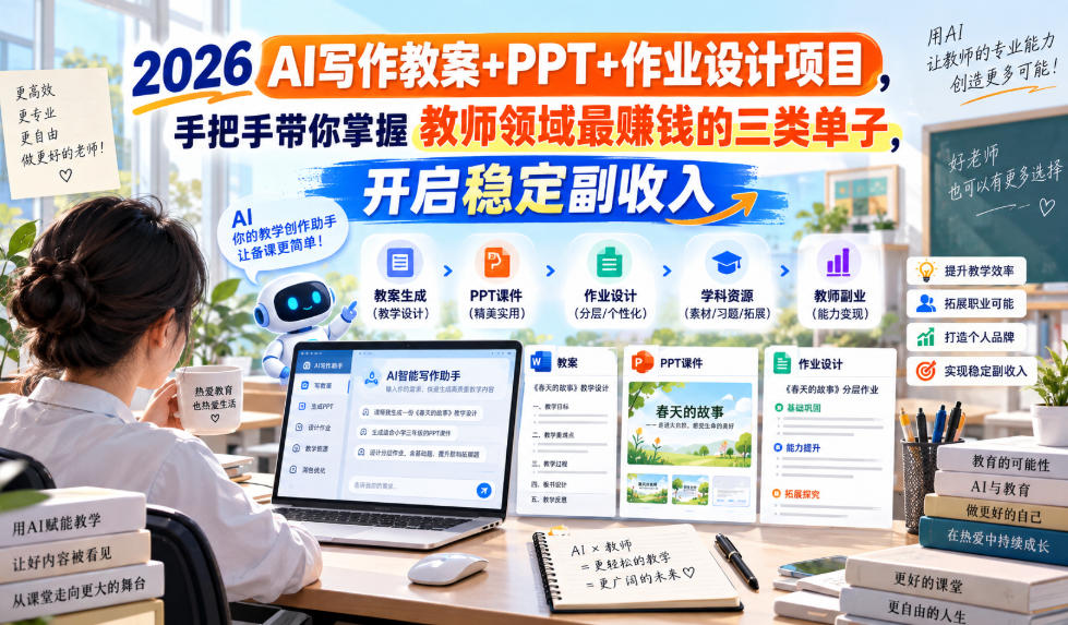 2026 AI写作教案+PPT+作业设计项目,手把手带你掌握教师领域最賺钱的三类单子,开启稳定副收入-邪修侠 - 演示