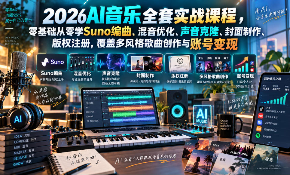2026AI音乐实战课程，零基础从零学Suno编曲、混音优化、声音克隆、版权注册，覆盖多风格歌曲创作与账号变现-邪修侠 - 演示