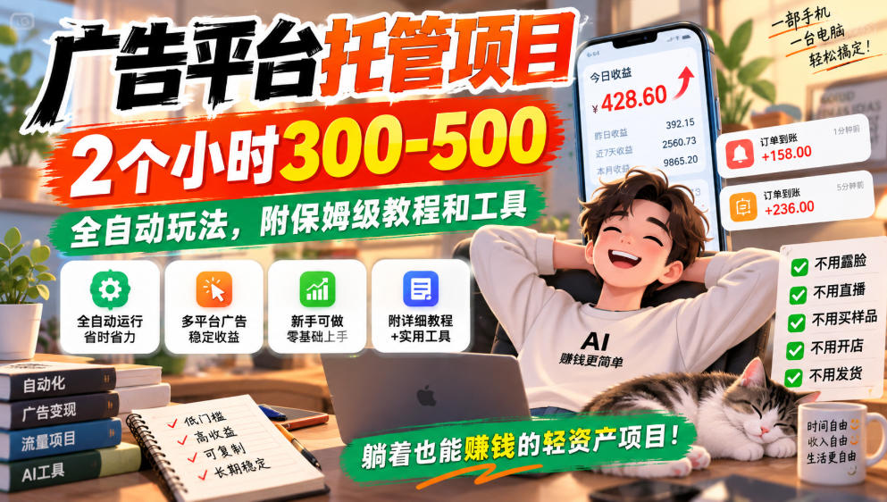 广告平台托管项目，2个小时300-500，全自动玩法，附保姆级教程和工具，小白照着就能做【揭秘】-多课资源站