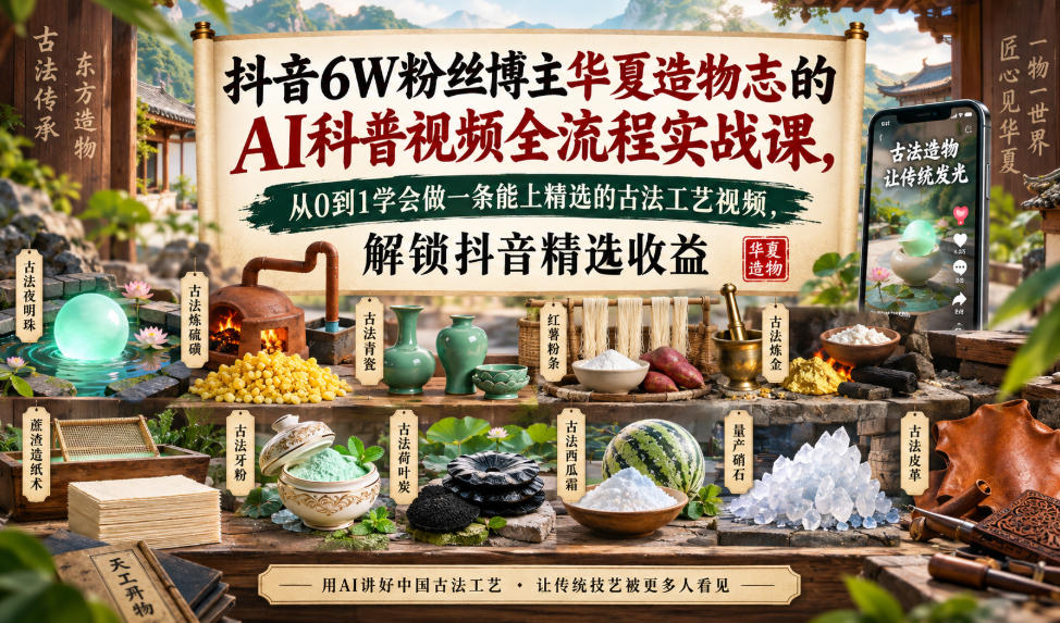 抖音6W粉丝博主华夏造物志的AI科普视频全流程实战课，从0到1学会做一条能上精选的古法工艺视频，解锁抖音精选收益-怪兽网创俱乐部